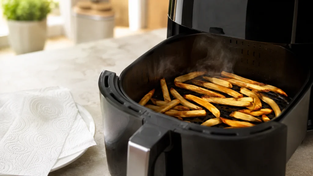 How to Reheat Fries in the Air Fryer 5 Soggy leftover fries being crisped in an air fryer basket with space between each fry