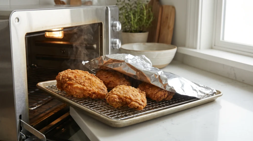 Best Way to Reheat Fried Chicken in the Oven 3 Thick fried chicken pieces reheating on a wire rack with loose foil to warm the inside before crisping