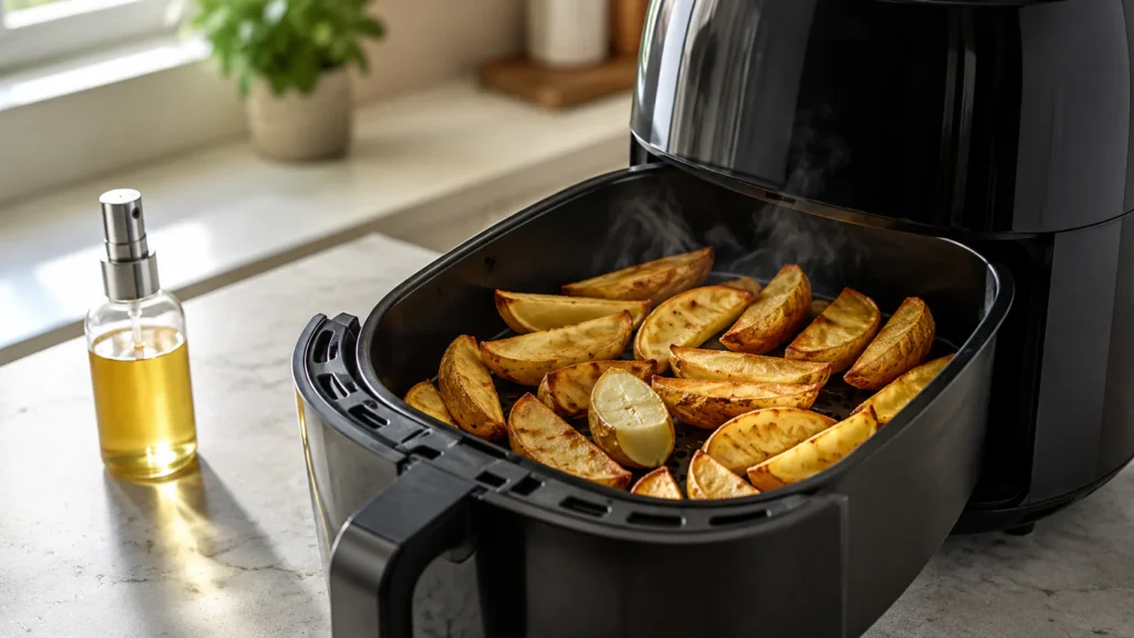 How to Reheat Fries in the Air Fryer 3 Thick fries and potato wedges reheating in an air fryer basket with crisp golden edges and fluffy centers