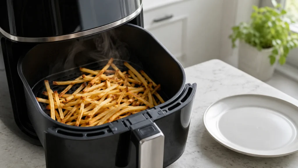 How to Reheat Fries in the Air Fryer 4 Thin shoestring fries reheating in an air fryer basket with crisp golden edges